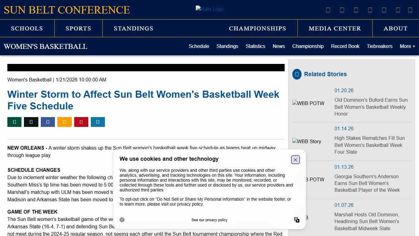 Winter Storm to Affect Sun Belt Women's Basketball Week Five Schedule - Sun Belt Conference