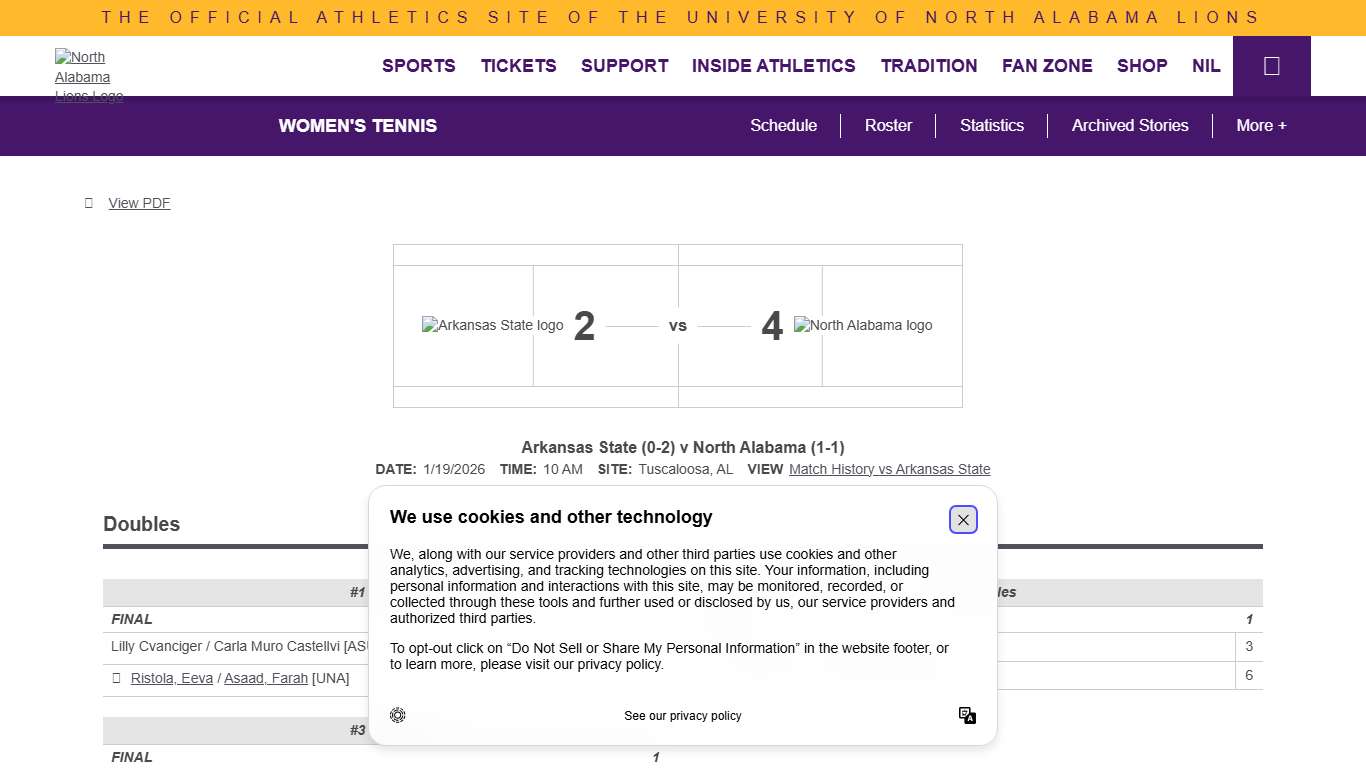 Women's Tennis vs Arkansas State on 1/19/2026 - Box Score - University of North Alabama Athletics